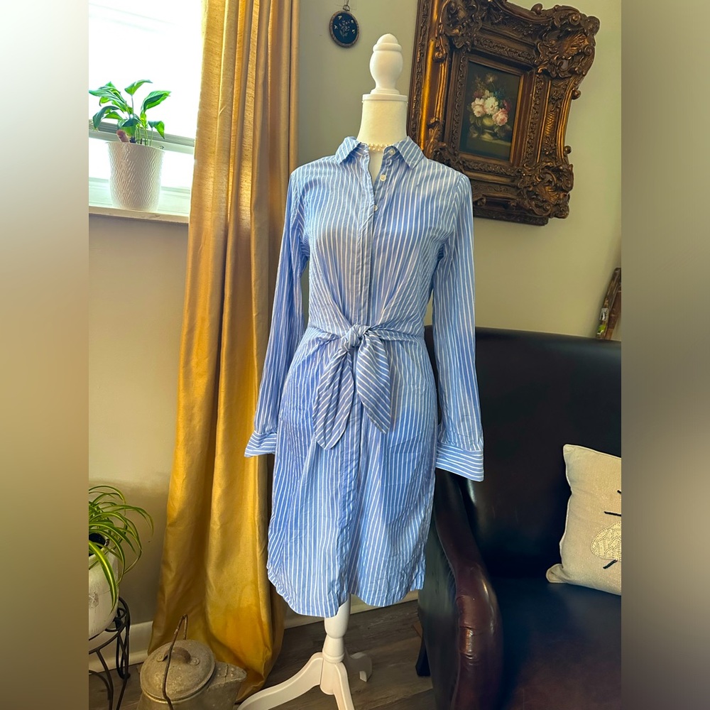 Blue Stripe Button down Tie Front Dress (No Peek-A-Boo)